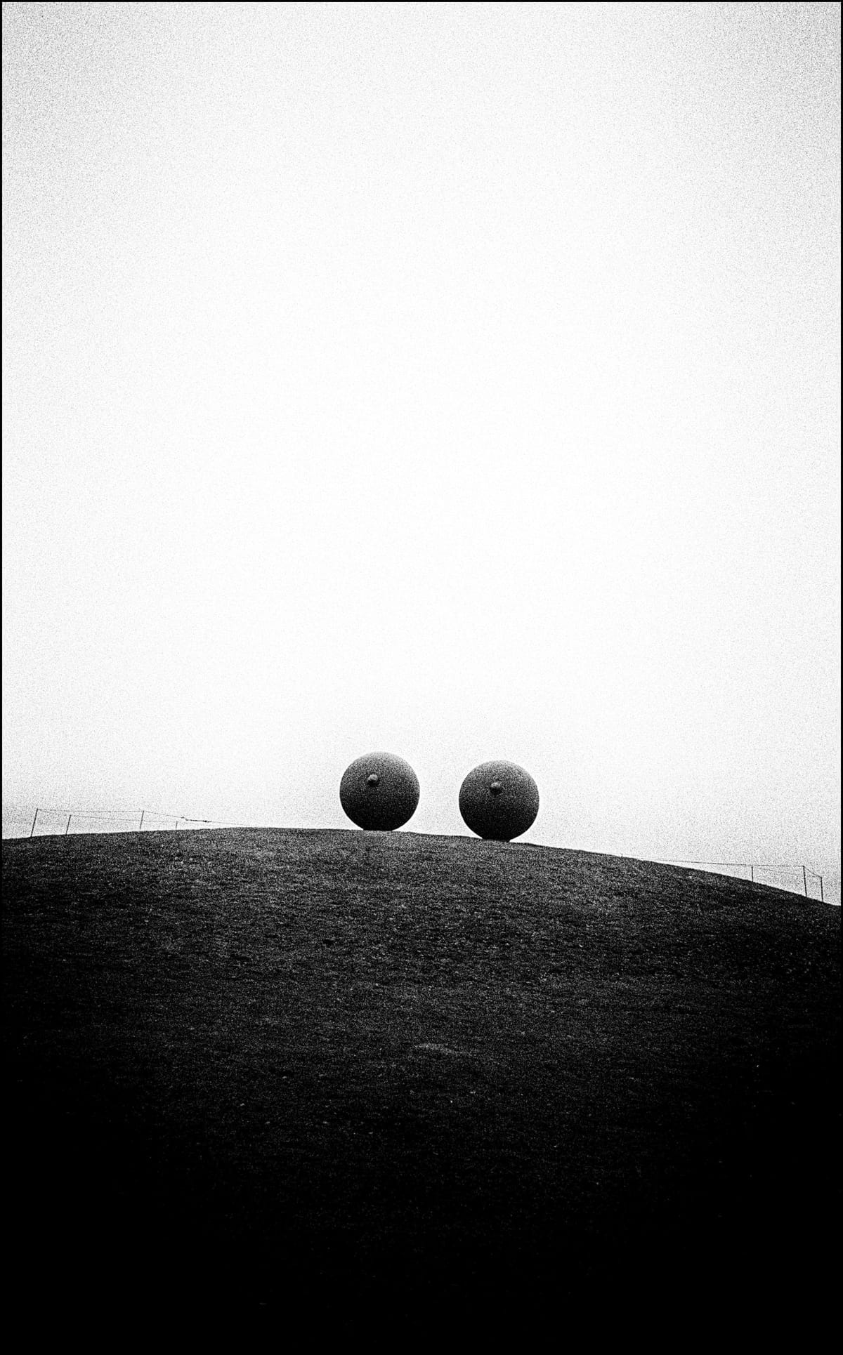 Due sfere in un parco. Il titolo è occhi. Scultura.
